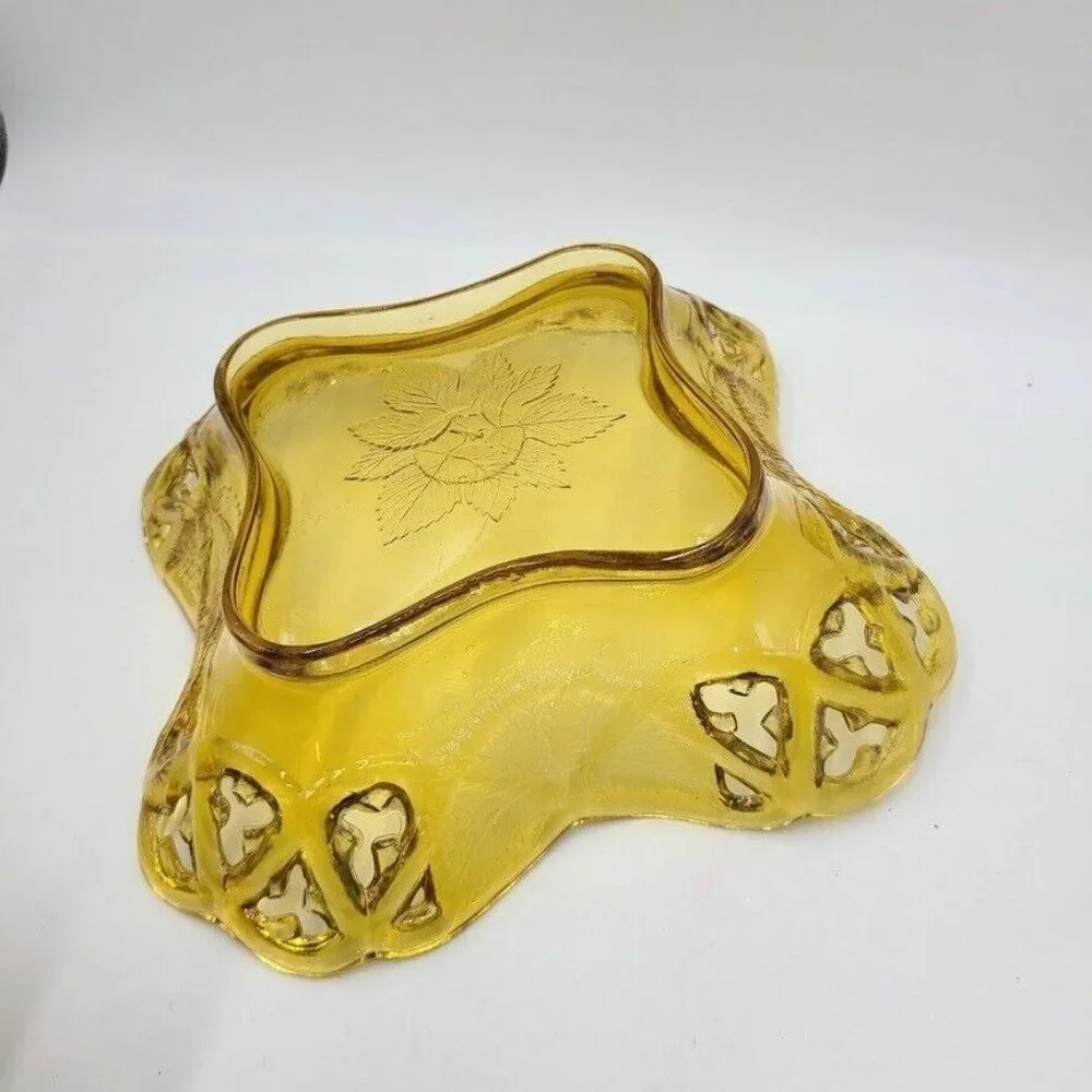 Vintage Art Glass Amber Harvest Gold Dish Scalloped Rose Embossed 11.5